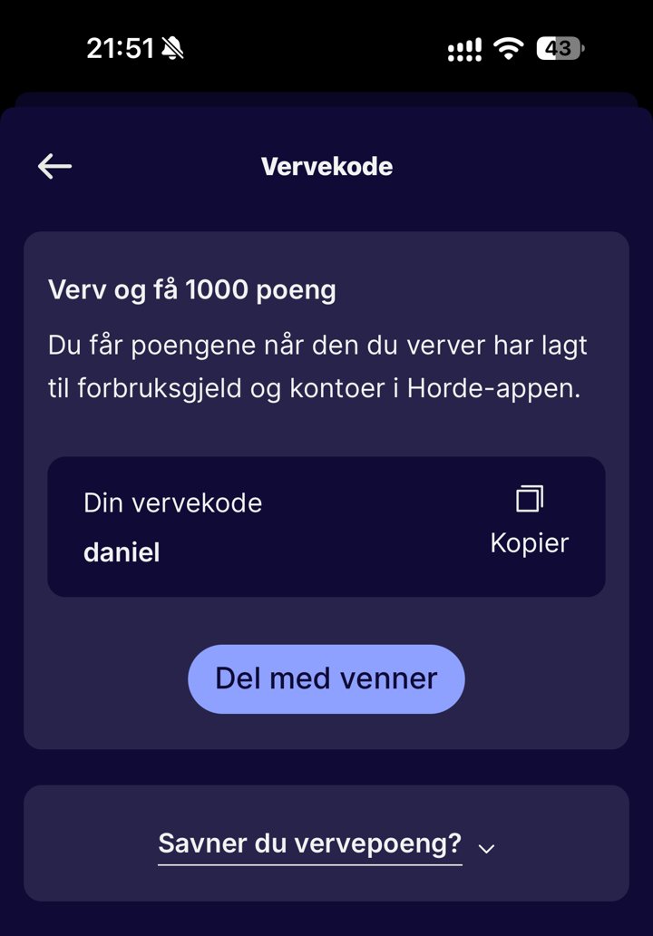 Vervekode-siden i Horde-appen med koden daniel